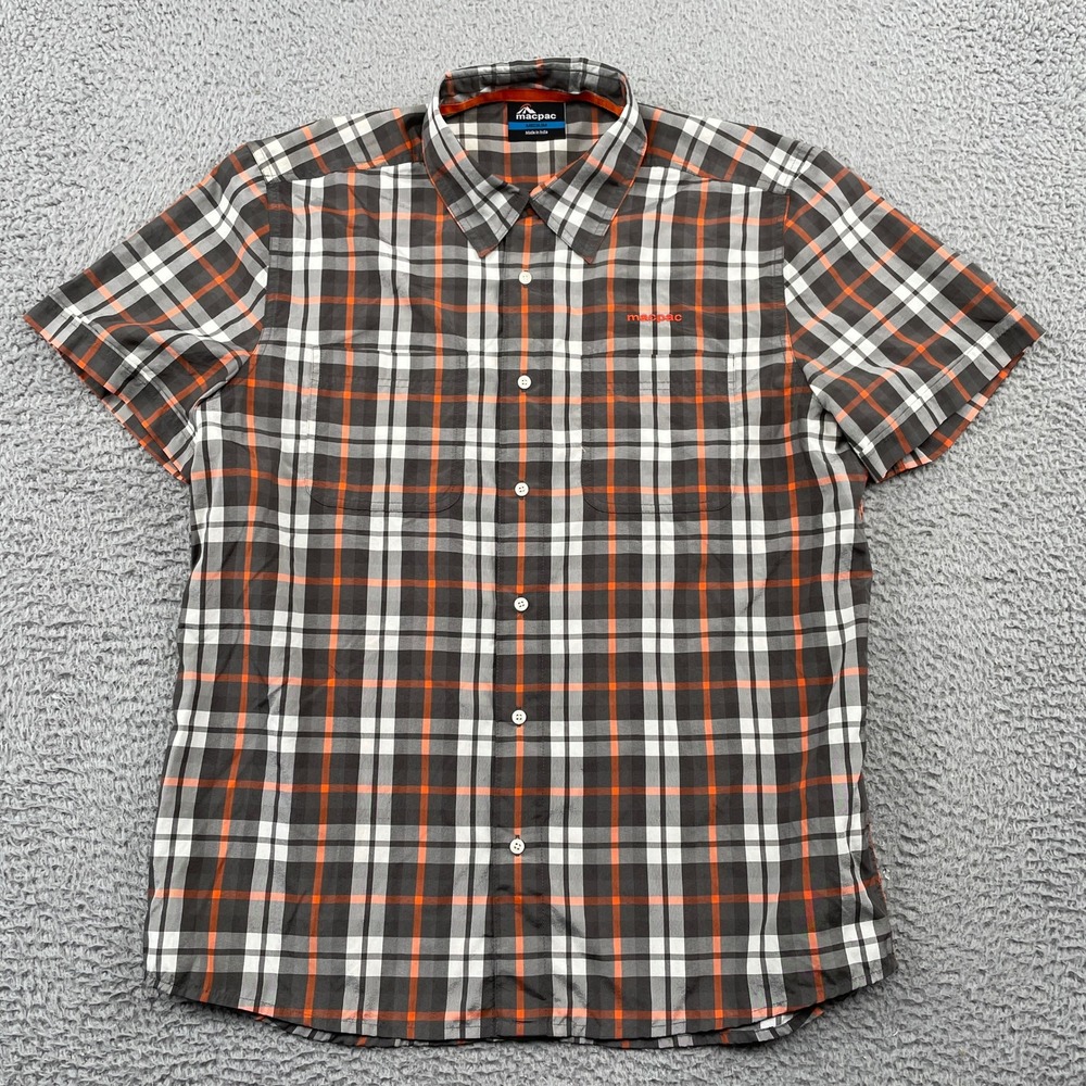 Macpac Shirt Mens Medium Grey Orange Plaid Short Sleeve Nylon Button Down Hiking